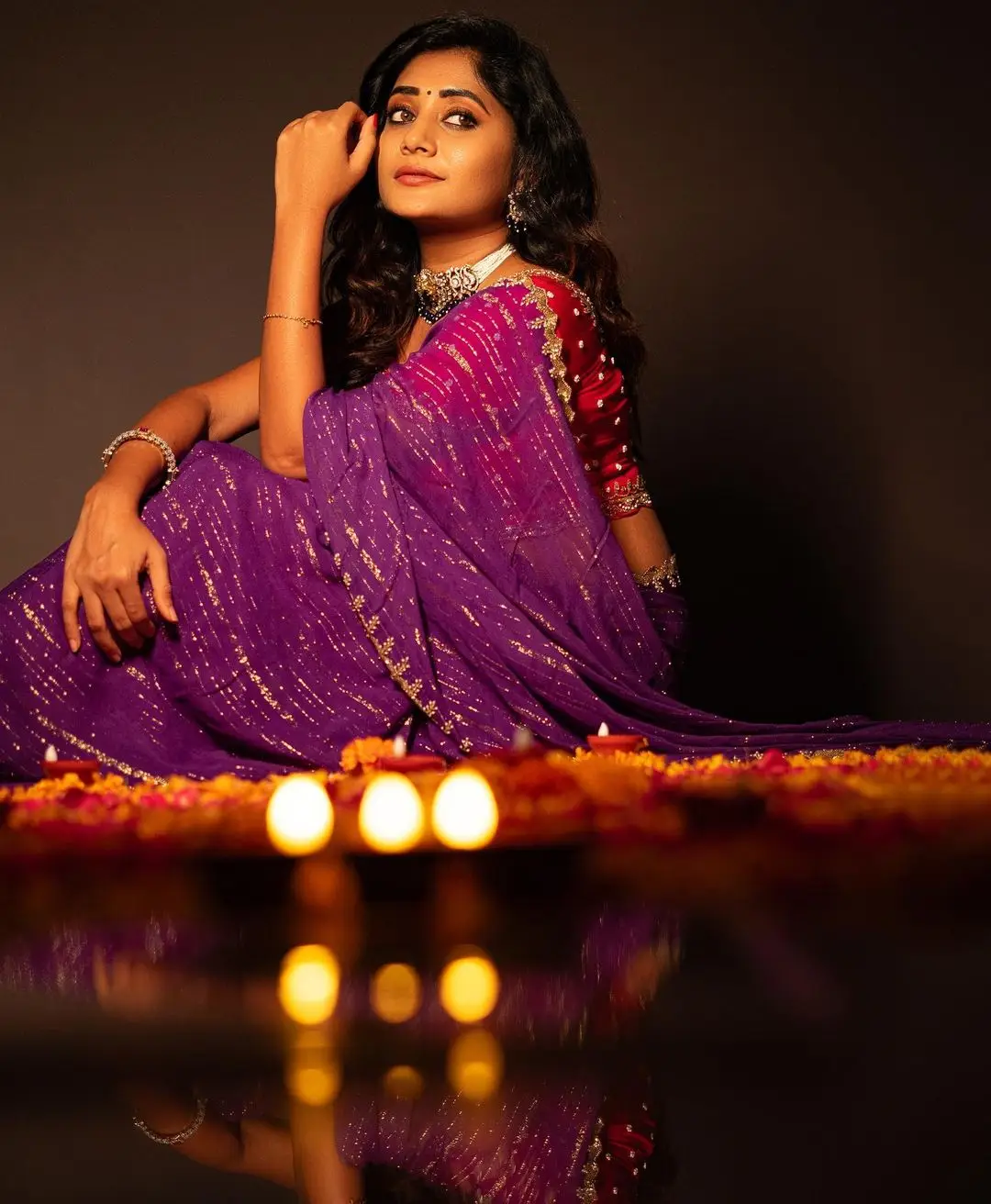 Vasanthi Krishnan Wearing Traditional Violet Saree Blouse